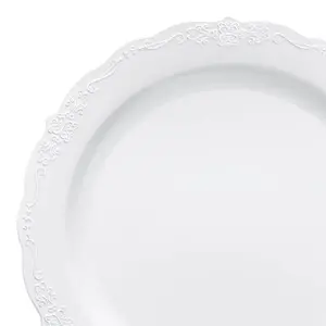 White with Silver Vintage Rim Round Disposable Plastic Dinner Plates (10")