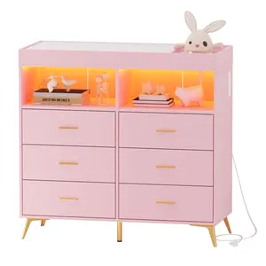 Garvee Baby Changing Table Dresser with 6 Drawers, Nursery Dresser with LED Lights & USB Charging Station, Baby Changing Station with Pad and Storage Organizer for Nursery Room