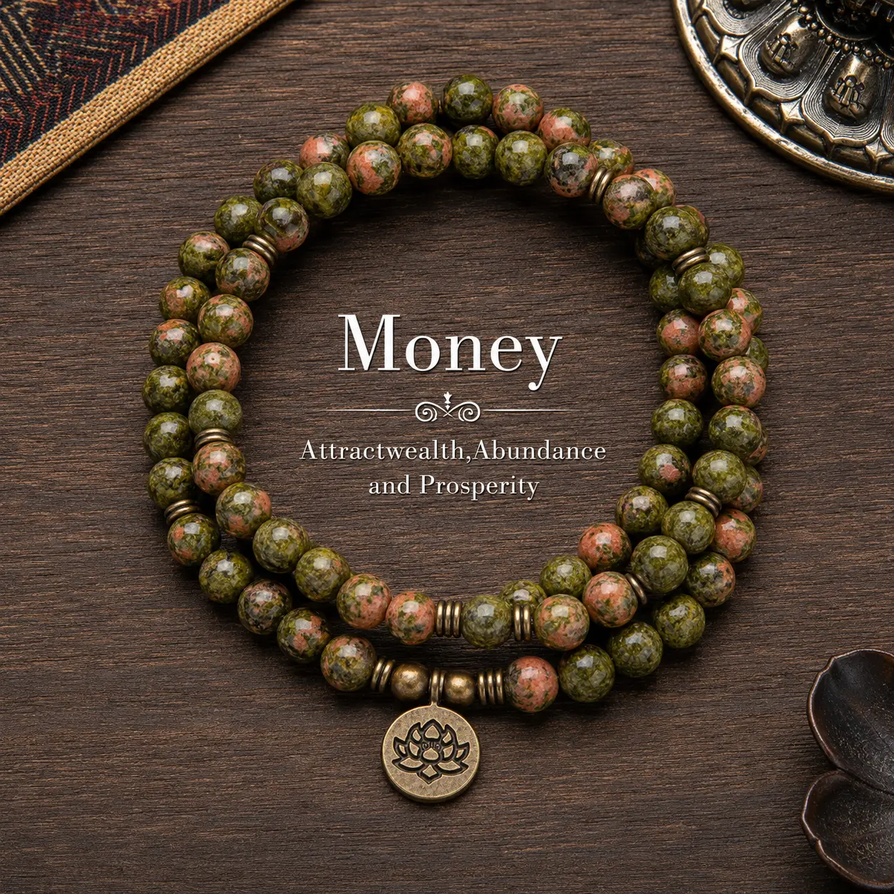 Handmade Unakite Unique Crystals Healing Crystal Bracelet - 108 Mala Elastic Stacked Design, Natural Gemstone, Money Attraction, Mindfulness Long Wrap, Lotus Buddha Charm, Japamala Prayer Piece, Yoga Jewelry, Malachite, Crystal Bracelets