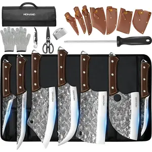MDHAND Butcher Knife Set, 14PCS Hand Forged Butcher Chef Knife Set with Roll Bag, Heavy Duty Meat Cleaver, Fillet Knives, Meat Cutting Knife for Home Kitchen & Camping BBQ, Gifts for Men Women