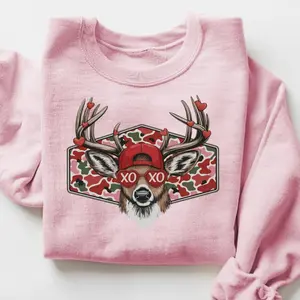 Camo Deer Valentine Sweatshirt, Cozy Retro Wildlife Vibes Valentine's Day Crewneck, Unisex Heavy Blend Sweatshirt