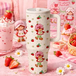 AuraCup 40oz Insulated Tumbler with Handle and Straw, Strawberry Pattern Stainless Steel Travel Cup, Double Wall Vacuum Mug Keeps Drinks Cold Hot, Large Capacity Cup for Home Office Car and Outdoor Use, Valentine’s Day Gift, Insulated Travel Drinkware