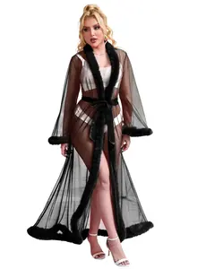 Women Long Kimono Robe Plus Size Mesh Fur Lingerie Feather Bridal Loungewear Nightwear Gowns