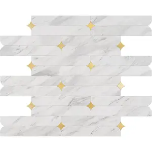 Peel and Stick Backsplash Tiles, 10-Sheet BPA-Free PVC White Mixed Gold Stellate, 12"x12" Waterproof Heat Resistant Geometric Flower Tile for Kitchen Bathroom Fireplace RV
