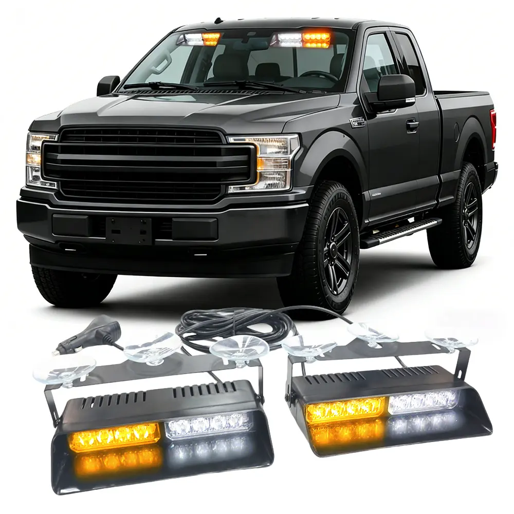 White Amber LED 2 in 1 Emergency Dash Strobe Lights Interior Windshield Lights Amber White Warning Hazard Safety Flashing w/Suction Cups for Construction Vehicles, Trucks Car Pickup (2×7.16 inch)