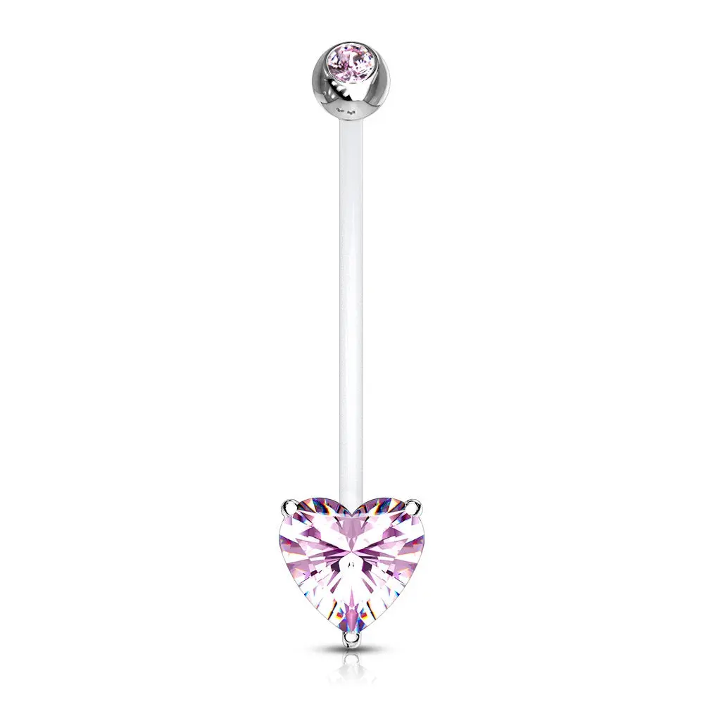 Double Jeweled Prong Set Heart Crystal Pregnancy Maternity Belly Button Ring Retainer - Stainless Steel
