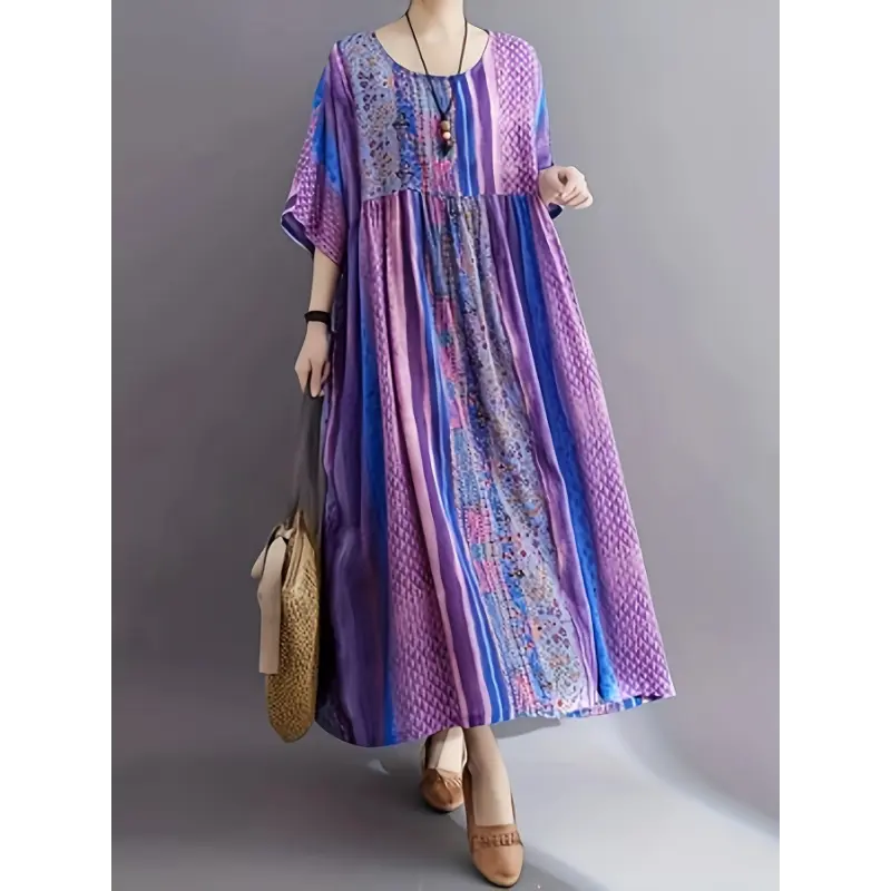 unzip toys Women'S Elegant Bohemian Maxi Dress, Summer New Loose Plus Size, Maternity, Short Sleeve Crew Neck, Fashionable Printed Rayon/Viscose Dress with Pocket, All-Season Peplum Style, 180gsm Woven Fabric