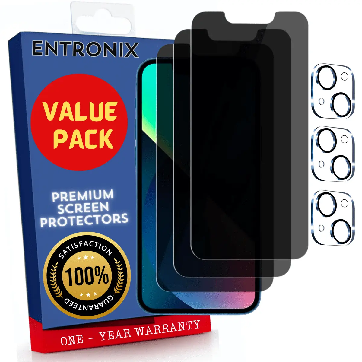 Entronix Anti-Spy Privacy Screen Protector & Camera Lens Protector Compatible with iPhone 13 - 6-Piece Combo