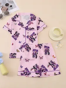 Girls' Short-Sleeve & Short Pajama Set: Pastel pink with KPOP idol print, Butterfly Accents, lapel cardigan loungewear Sleepwear, Pastel Cute Pajamas. This stylish 2-piece kids' homewear is made of bubble crinkle fabric—soft and skin-friendly.