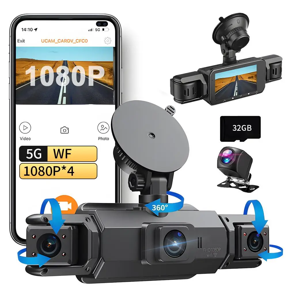 4 Lens Dash Cam Front and Rear, 1 Set 1080P HD Car Recorder, 32GB SD Card, Built in WIFI, Night-Vision, G-sensor, Loop Recording, 24H Parking Monitori