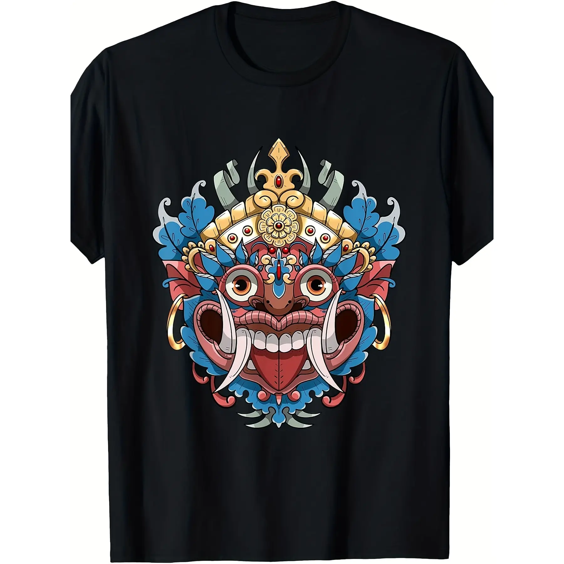 Men's  Women's Balinese Barong Mask T-Shirt - Indo unisex soft cotton short sleeve t shirt, vintage graphic casual tee for men women teens, perfect birthday holiday gift for camping travel gym daily street  wear