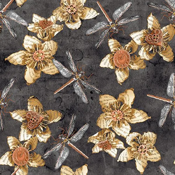 Fabric Blank Quilting Charcoal Flowers with Dragonflies by the Quarter Yard 3934-95