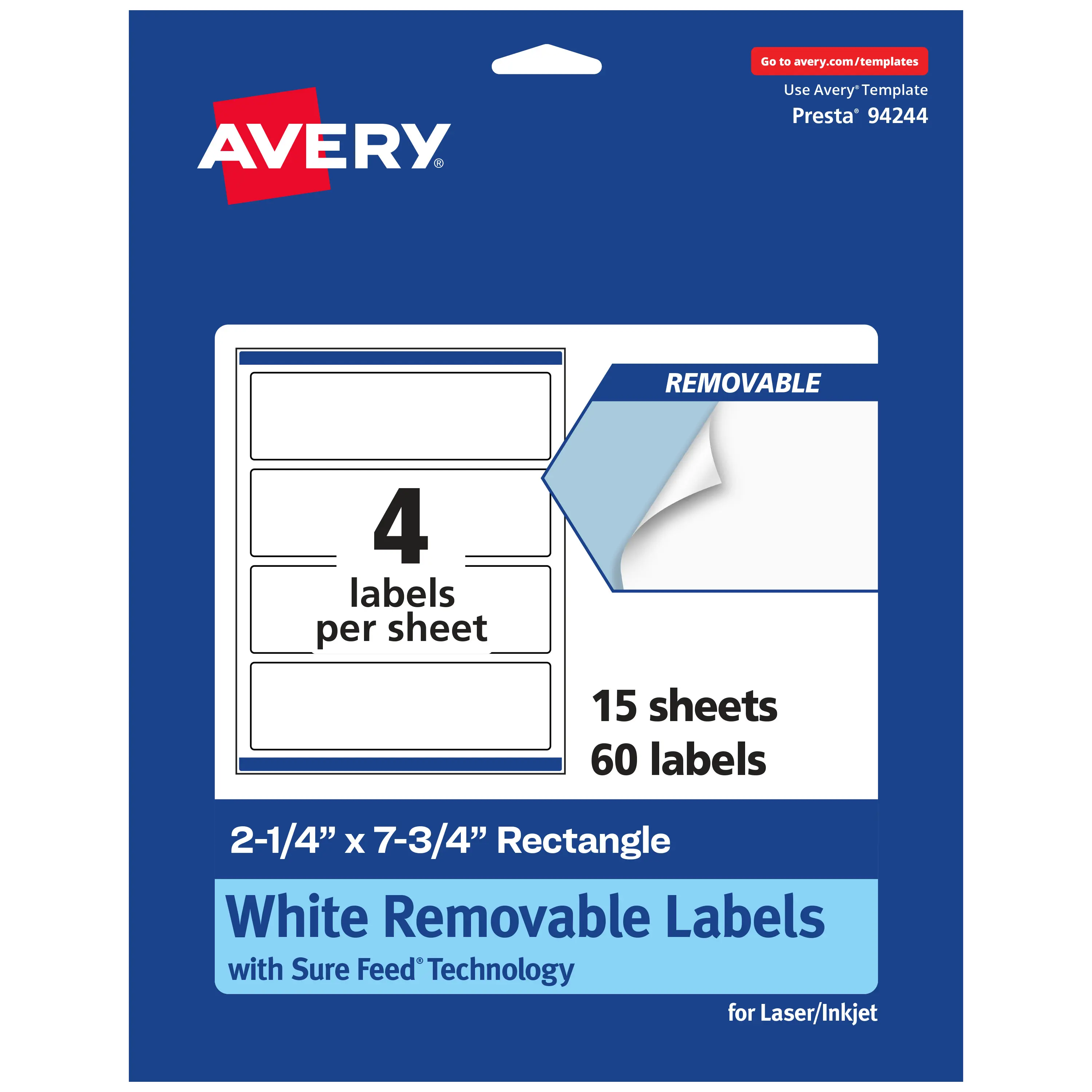 Avery Matte White Removable Rectangle Labels with Sure Feed Technology, Print-to-the-Edge, 2.25" x 7.75"