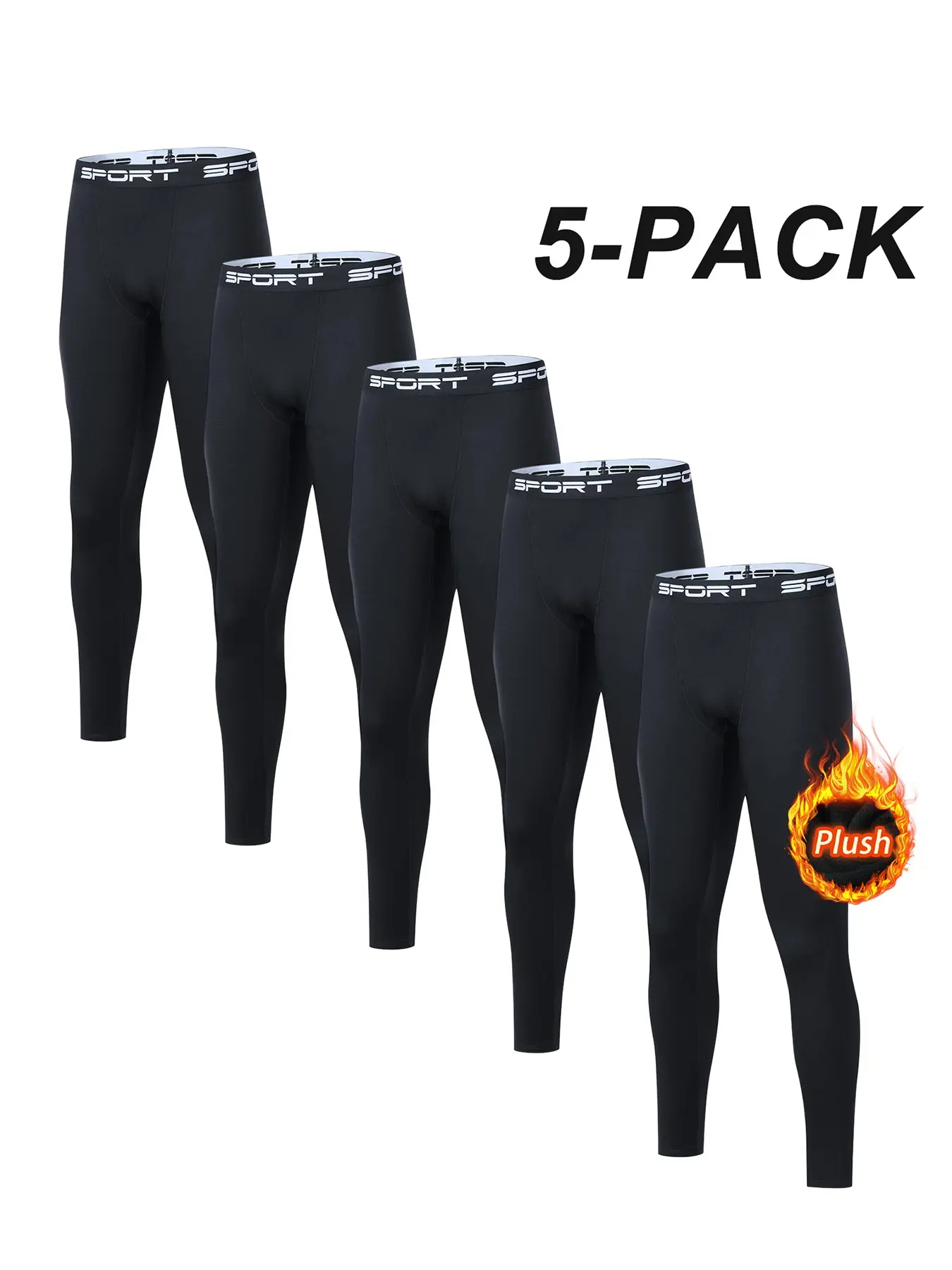 Men's 5-Pack Fleece-Lined Compression Thermal Pants - Menswear Activewear Sport Base Layer Long Johns, 4-Way Stretch Winter Warm Workout Tights for Running, Hiking