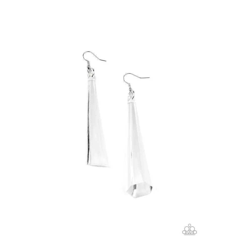 Paparazzi Break The Ice White Earrings Asymmetrical Cone Shape Faceted Crystal Like Frame Winter Sports Jewelry