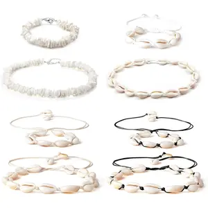 FINREZIO 8 Pcs Beige Unique Natural Shell Chokers Anklets Set for Women Men Handmade Seashell Necklaces Stackable Anklet Bracelets Elegant Boho Jewelry Set for Bridal Shower Wedding Daily Outfit