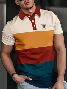 2026 Summer High-End Men's Casual Polo Shirt, Color Patchwork Design, Comfortable and Breathable, Trendy Digital Print Collar T-Shirt