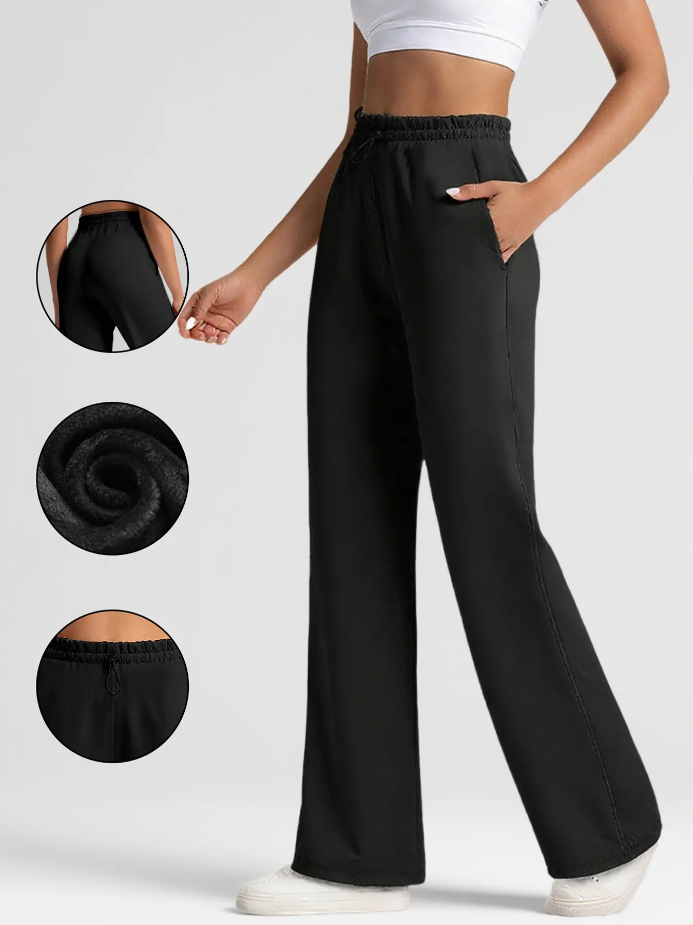 Women's Ultra-Soft High-Waisted Drawstring Yoga Leggings, Slimming Side Pockets, Fitted Straight Pants for Fall & Winter Casual Wear