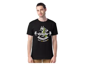 Hanging and Banging live creator custom shirt design on a black crewneck shirt.