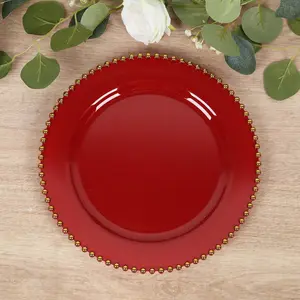 10-Pack Plastic Round Dinner Plates 10" Red with Gold Beaded Rim - Disposable Party Plates for Stylish Gatherings & Celebrations
