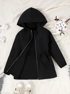 Girl's Solid Zip Up Hooded Jacket, Casual Jackets, Casual Long Sleeve Thermal Lined Outerwear for Fall & Winter, Kids Clothes for Daily Wear, Warm Jacket, Solid Color Jackets