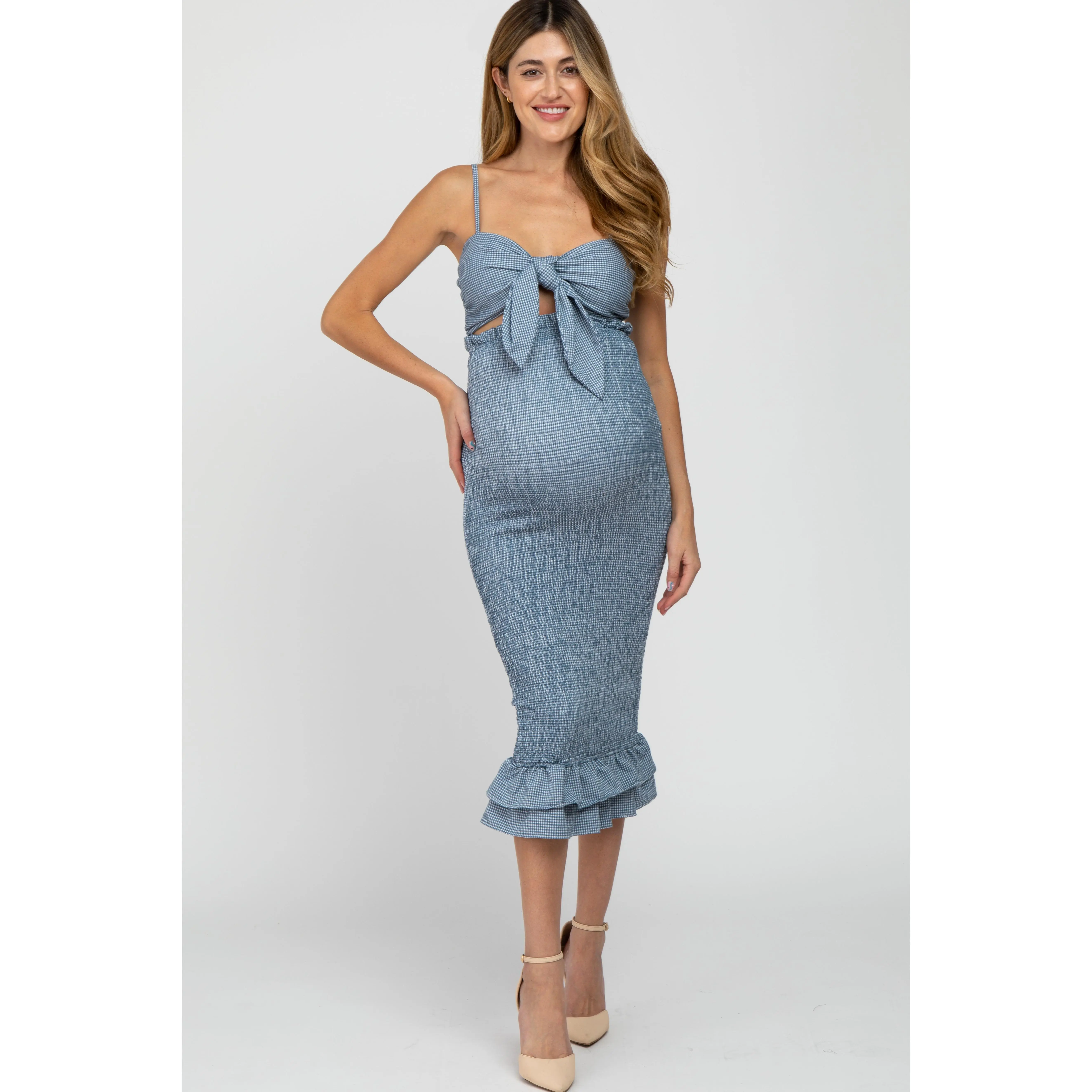 Blue Gingham Print Smocked Fitted Self-Tie Maternity Midi Dress