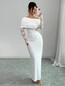 Elegant One-Shoulder Ruched Design Dress, Lace Long Sleeve, Waist Cut-Out, Bodycon Pleated Skirt, Floor-Length, Party Gown, Evening, Formal Wear