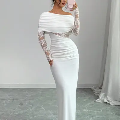 long sleeve confirmation dresses fitted lace wedding dress Elegant Long Sleeves White Lace Long Prom Dress, White Lace Wedding Dr abcprom