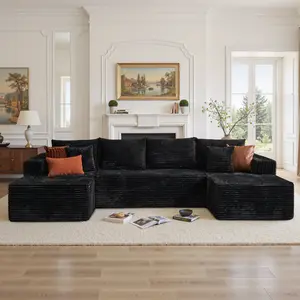 【3 Packages Shipping】Ovios 135" Sectional Cloud Sofa with Ottoman for Living Room, U Shaped Modular Floor Boneless Couch with Chaise, Plush Corduroy, No Assembly Required, Big Comfy Couches Set with Fluffy Memory Foam