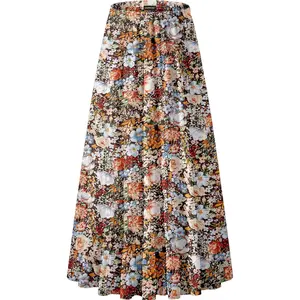Women's Chiffon Elastic High Waist Pleated A-Line Flared Maxi Skirts