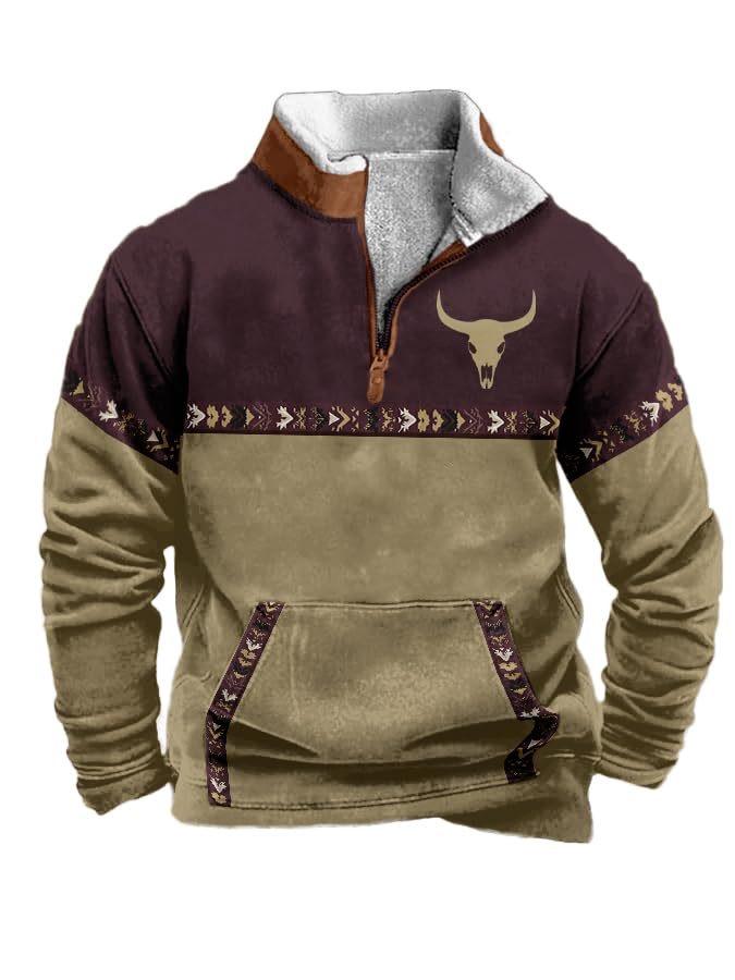 Men's Hoodie Vintage Bull Bones Pullover Long Sleeve Stand Collar Zipper Casual Zipper Sweatshirt
