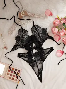 Sexy Lace Jumpsuit for Women, Butterfly Knot Detail, Backless Neckline, Romantic Bedroom Sleepwear, All Seasons Slim Fit