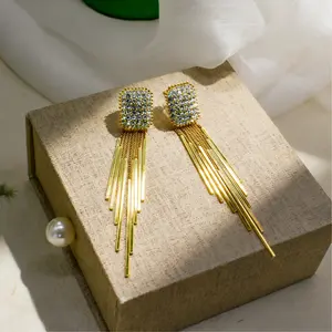 Urban Queen 18K Gold Plated S925 Post Square Cubic Zirconia Tassel Fringe Earrings Lightweight Hypoallergenic Face-Slimming Jewelry for Corporate Gala