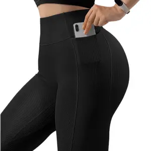 Women Ribbed Seamless Leggings High Waisted, With Butt Lift and Pockets