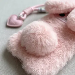 3D Cute Cartoon Rabbit Ears Warm Furry Plush Bunny Phone Case With Lanyard For iPhone 15 14 13 12 11 16 Pro Max Shockproof Cover