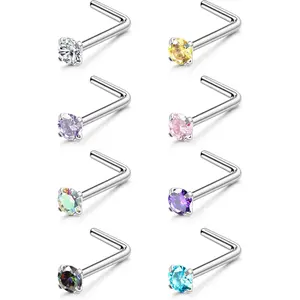MILACOLATO  8PCS Nose Rings Studs Titanium Nose Rings CZ Opal L Shaped Screw Studs Rings for Women Nose Screw Studs 18G/20G Samll Nose Stud Corkscrew Nose Rings Piercing Jewelry, 2mm