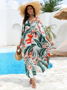 Women's Kaftan Dresses, V Neck Batwing Sleeve Design, Swimwear & Beach Cover Up, Trendy Tie-Dye Style, Perfect for Casual Wear