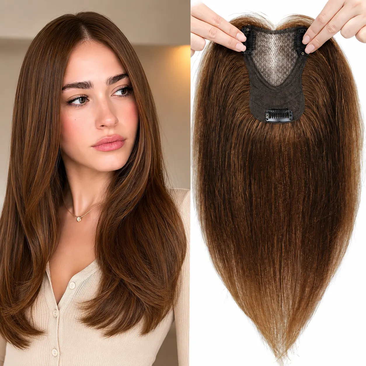 BEFUNNY 12 Inch Human Hair Topper for Women, Lace Base Clip In Hairextension, Covers Hair Part & Gray Roots, Natural Volume for Thinning Hair