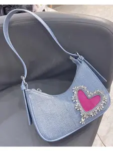 Women's Denim Fringe Heart Underarm Bag, New French Style Design, High-End Rhinestone Shoulder Bag, Trendy Fashion Accessory