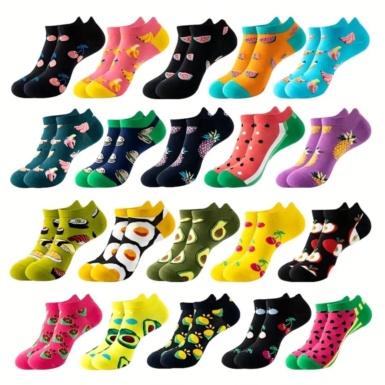 Women's Low Cut French Terry Fruit Print Ankle Socks - 6/12 Pairs, 6 Pairs Mixed Colors, High Elasticity, Soft, Breathable, Quick-Drying, Machine Washable, Novel Style, Ideal for Spring/Summer Casual Wear, Socks For Women