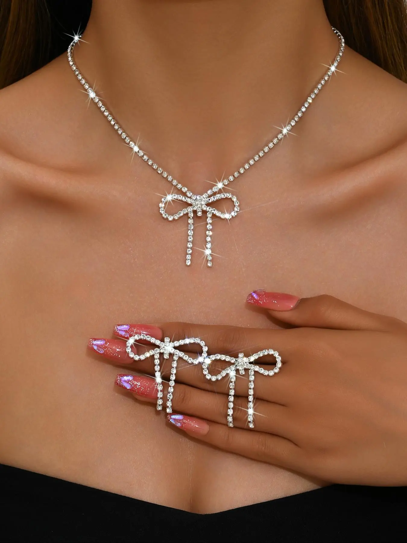 Women's Elegant Rhinestone Bowknot Design Necklace & Dangle Earrings, Exquisite Trendy Jewelry Set, Fashionable Accessories for Party & Daily Clothing Decor