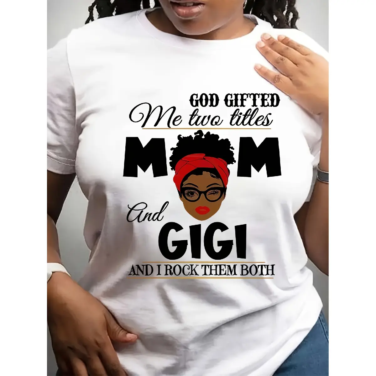 MOM GIGI Letters Portrait Pattern Printing T -shirt, Casual Short -sleeved Round Neck Top, Women's Clothing