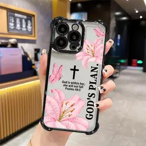 Bibical Cross and Lily Pattern Phone case for iPhone Samsung Galaxy 17Pro Max Air 16Plus 15 14 13 12 11 S26 S25 S24 S23 S22 FE ULTRA PLUS EDGE cases, Transparent cover, Non-Yellowing, Shockproof Soft silicone, Gifts for girls
