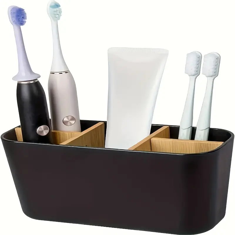 5-Slot Black Toothbrush Holder with Divider, Bathroom Countertop Organizer for Electric Toothbrush Toothpaste Razor, No Power Needed, Durable & Stylish Minimalist Design for Modern Bathroom