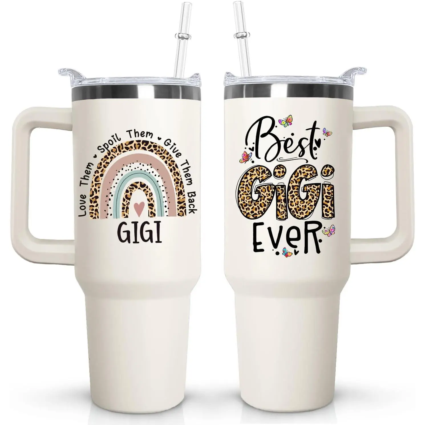 Gigi 40 oz Vacuum Insulated Reusable Tumbler Mug - Classic Stylish Transparent Flask with Handle, Lid, Straw, Butterfly-Leopard Print, Ideal for Grandma as Mother’s Day Gift