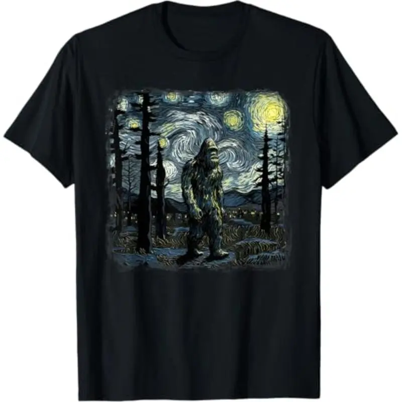 short sleeve shirt  Bigfoot Starry Night Sasquatch Van Gogh Sky Painting Art T-Shirt