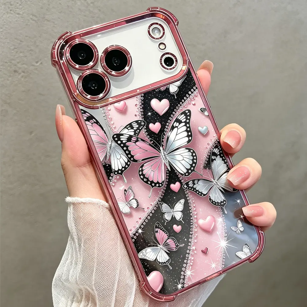 Pink Butterfly Heart Phone Case for iPhone 18 17 16 15 14 13 12 11 Pro Max Plus Air, Cute Shockproof TPU Protective Cover DDSJ260706004