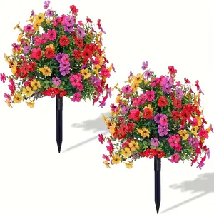 2 Packs of Artificial Violet Roses,Outdoor Artificial Flower Decoration, High Quality Plastic Outdoor, UV Resistant and Easy to Install forPorch Patio Garden Decoration, Artificial Plants
