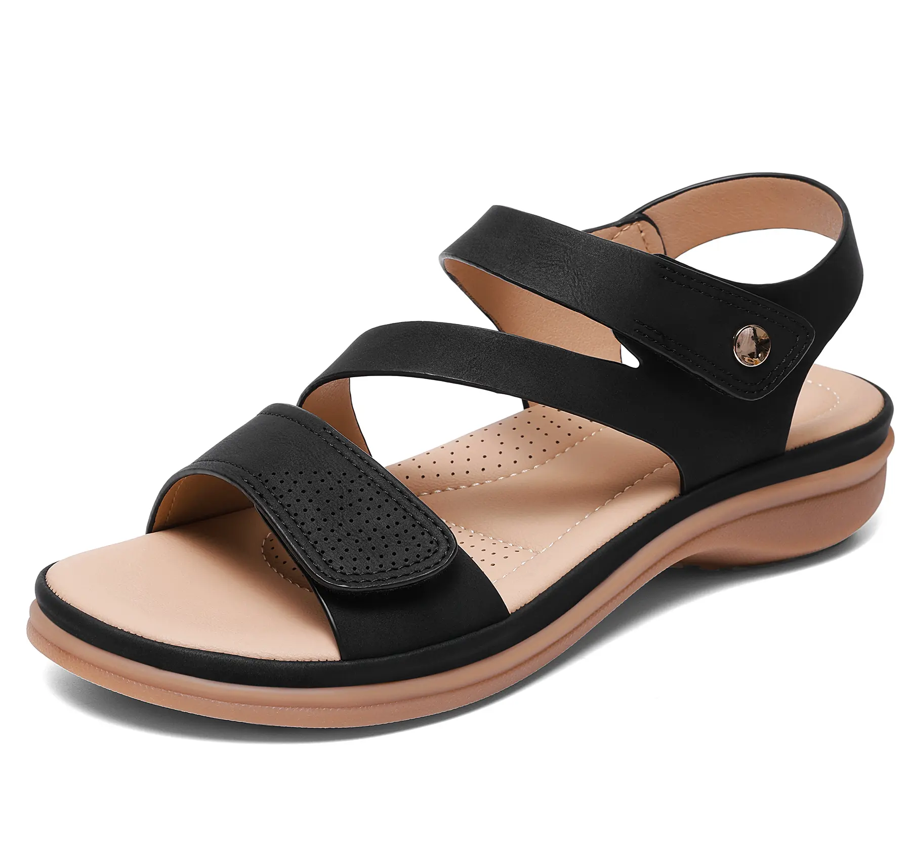 Littleplum Women's Formal Faux Leather Flat Rubber Sandals - Elegant Open Toe, Orthopedic Arch Support, Adjustable Buckle Fasten, Ankle Strap, Fashionable Breathable, Lightweight Plain, Footwear for Beach & Casual Wear