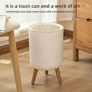 Large capacity flip top garbage bin - high-end cylindrical design, sturdy bracket, off white/white, durable plastic material, suitable for kitchen, living room, office - no touch closure, household waste disposal, Home Trash Can